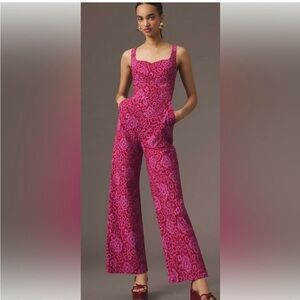 Anthropologie Maeve Pink Floral Jumpsuit with Wide-Leg Design